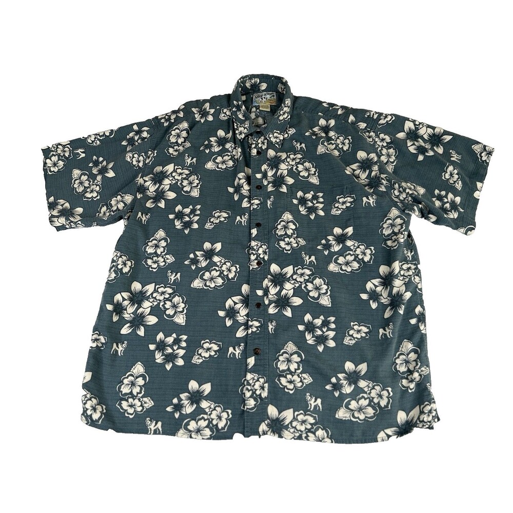 Big Dogs Hawaiian Shirt Men's XL Blue White Teal Floral Rayon Cotton Lightweight